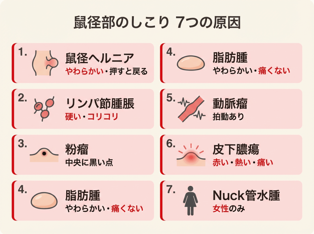鼠径部のしこりで考えられる7つの病気一覧。鼠径ヘルニア、リンパ節腫脹、粉瘤、脂肪腫、動脈瘤、皮下膿瘍、Nuck管水腫。